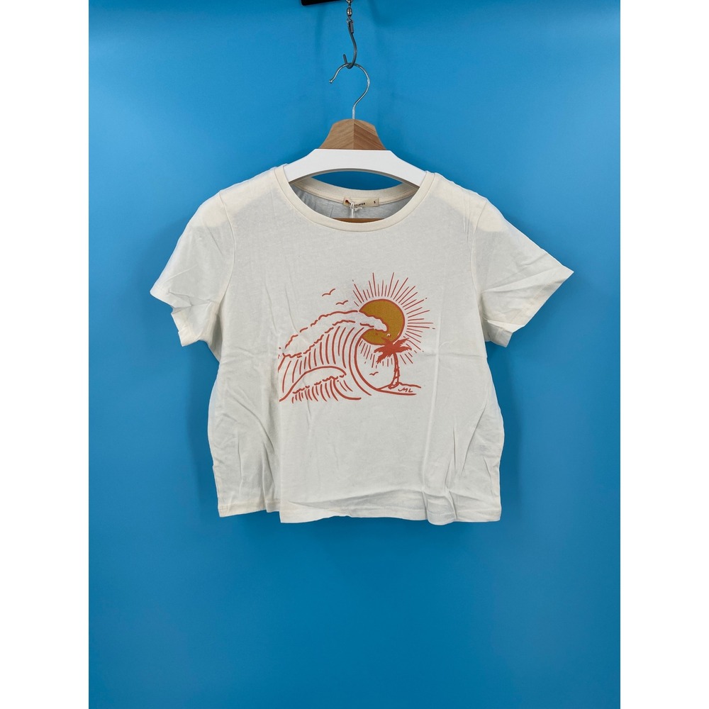 Marine Layer Easy Crop Graphic Tee Antique White‎ Orange Sun Wave NWT Size S USA